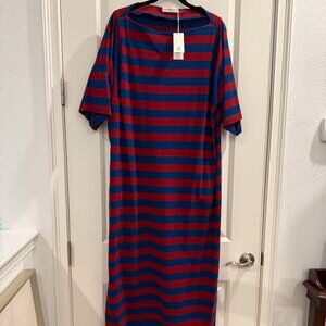 Tory Burch Jersey Maxi Dress in burgundy and navy stripes with a logo belt